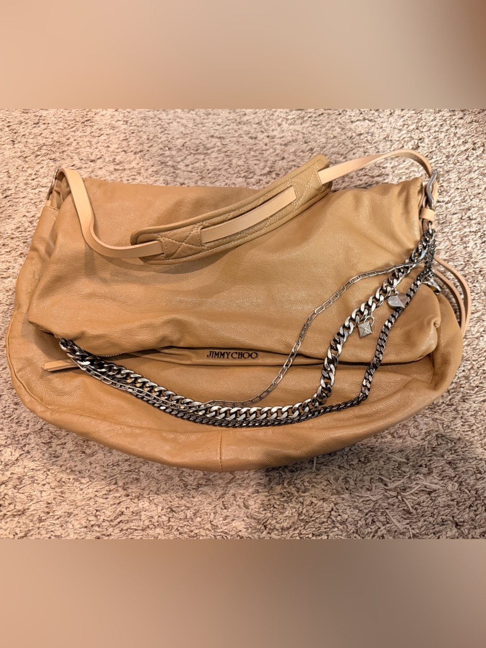 Authentic Jimmy Choo Beige-Tan Leather Hobo with Silver Chain Strap
